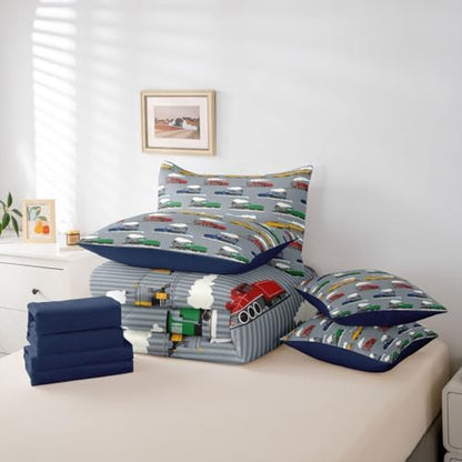 Feelyou Vintage Train Comforter Set with Sheets 7 Piece Queen Size Retro Steam Engine Train Bedding Set for Kids Boys Girls Transport Vehicle Bed in a Bag Room Decor Soft Lightweight Microfiber