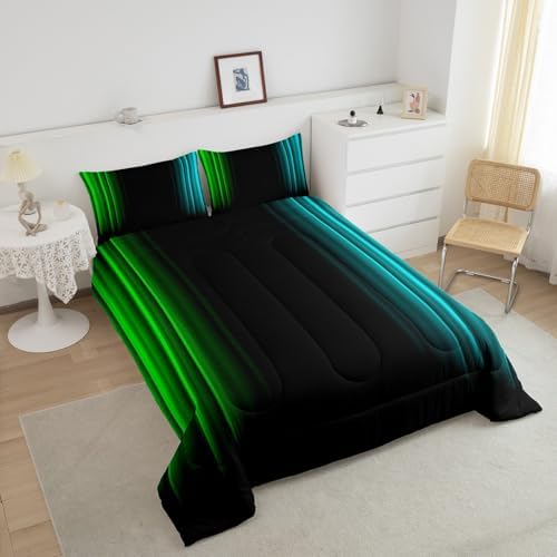 Feelyou Teens Abstract Ombre Decorations Bedding Set for Kids Women Green Teal and Black Comforter Set Geometric Modern Quilt Set Room 2Pcs Twin Size