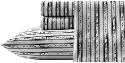 Nautica - Twin Sheet Set, Breathable & Cooling Microfiber Bedding with Matching Sham(s), Casual Home Decor (Striped Nautica Logo Grey, Twin)