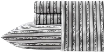 Nautica - Twin Sheet Set, Breathable & Cooling Microfiber Bedding with Matching Sham(s), Casual Home Decor (Striped Nautica Logo Grey, Twin)