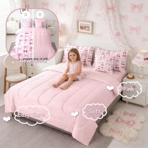 Pink Cherry Bow Bed in a Bag Queen Comforter Set 7 Piece,Cute Silk Ribbon Bowknot Bedding Set,Princess Bow Tie Comforter and Sheet Set Dreamy Kawaii Bed Set,Girly Light Pink Room Decor Aesthetic