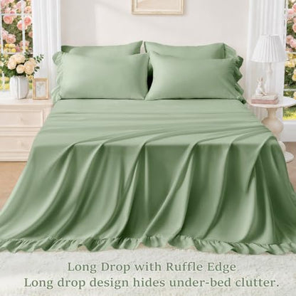 FUANNA Full Sheet Set 4 Pieces - Green Sheets with 4-Inch Ruffles Bed Skirt