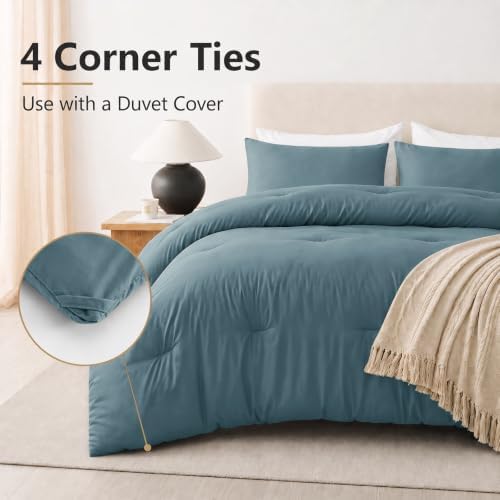 CozyLux Oversized Queen Comforter Set 3 Pieces Mineral Blue Quilted Bedding