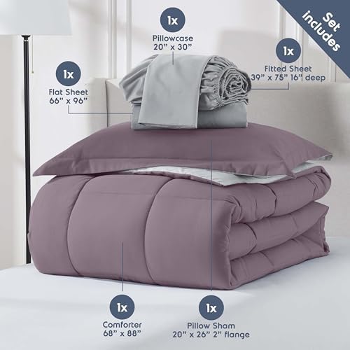 Nestl 7 Piece Twin Comforter Set – Dusty Purple Reversible Bed in a Bag – Complete Twin Size Bedding Set with Sheets, Set of 2 Down Alternative Pillows, Pillowcase and Sham