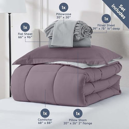 Nestl 7 Piece Twin Comforter Set – Dusty Purple Reversible Bed in a Bag – Complete Twin Size Bedding Set with Sheets, Set of 2 Cooling Pillows, Pillowcase and Sham