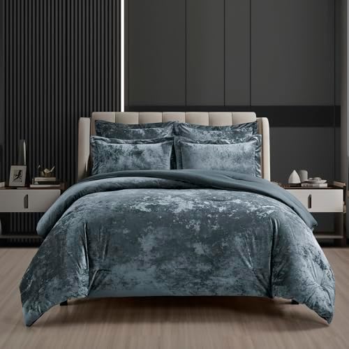 Fredsure Distressed Velvet Comforter Set, 5 Pieces Smoke Blue Queen, Distressed Velvet Face and Brushed Microfiber Reverse