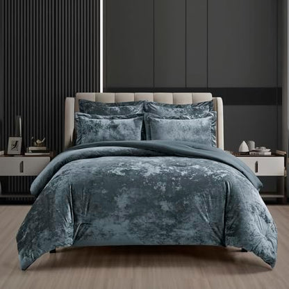 Fredsure Distressed Velvet Comforter Set, 5 Pieces Smoke Blue Queen, Distressed Velvet Face and Brushed Microfiber Reverse