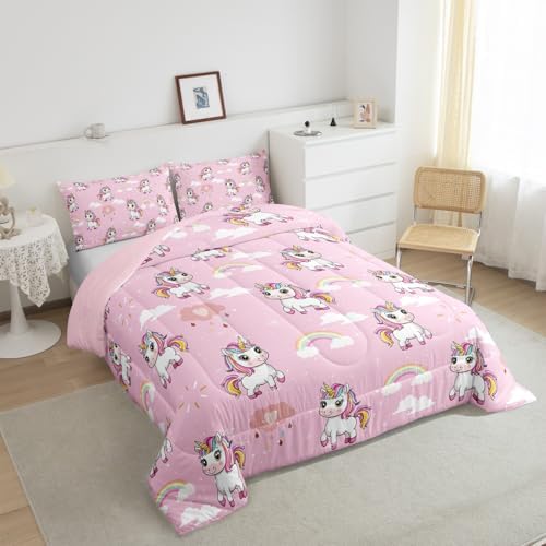 Homewish Cute Unicorn Bedding Set Cartoon Rainbow Comforter Set for Kids Boys Lovely Horse Comforter Kawaii Theme Quilt Set 1 Comforter Set with 1 Pillowcase Toddler Size