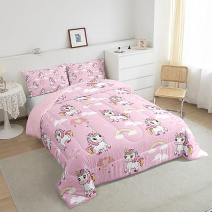 Homewish Cute Unicorn Bedding Set Cartoon Rainbow Comforter Set for Kids Boys Lovely Horse Comforter Kawaii Theme Quilt Set 1 Comforter Set with 1 Pillowcase Toddler Size