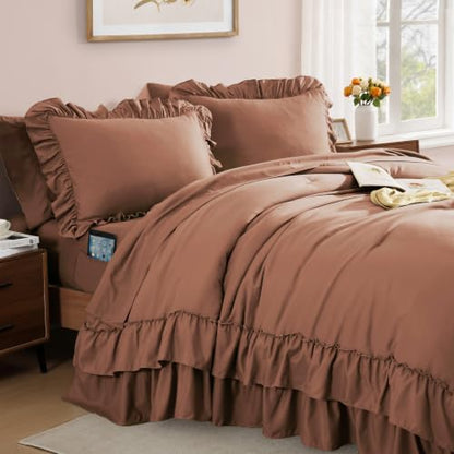 King Size Comforter Set Russet Ruffle 7 Pieces Farmhouse Bed in a Bag