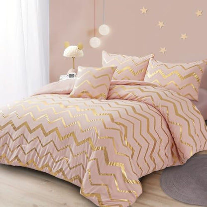 Menghomeus 4 Piece Blush Metallic Comforter Set, Queen Size Bedding Sets