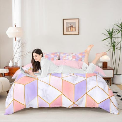 Grids Comforter Cover Pink Grey Plaid Print Bedding Set for Adult Women Girls Home Bedroom Decor Duvet Cover Tie Dye Graffiti Style Bedspread Simple Geometric Stripe Soft Reversible Quilt Cover, Full