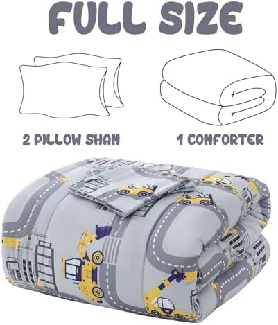 Yibeizi Truck Full Comforter for Boys Cute Grey Car Bedding Set