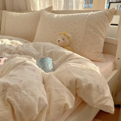 VM VOUGEMARKET Lace Duvet Cover Set Twin XL Size for Teenage Girls Pink Flower Bedding Set Soft Lightweight Washed Microfiber Romantic Princess Duvet Cover with Zipper Ties-68"x90"