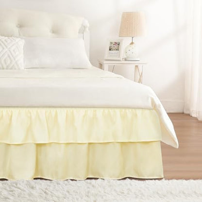 RIMELA Ruffle Bed Skirt Butter Yellow King 18 Inch Drop, Elastic Wrap Around Bed Skirts King Size, Easy to Install Dust Ruffle, Machine Washable Soft Fabric, Multi Ruffle Bedskirt