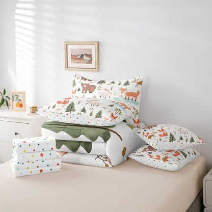 Feelyou Cartoon Animals Comforter Set 7 Pieces Twin Size Cute Zoo Bear Fox Rabbit Bedding Set for Boys Girls Nature Bed in a Bag with Comforter, Sheets, Pillowcases & Cushion Covers