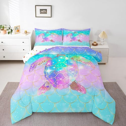 Erosebridal Mermaid Scales Comforter Set for Girls, Tortoise Reptile Bedding Set King Size, Sea Turtle Ocean Life Duvet Sets for Kids Children Boys Women, Sweet Girly Down Comforter, Teal Blue