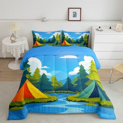 Happy Camping Comforter Set King Size,Camper Adventure Theme Bedding Set for Kids Teens Adults Room Decor,Nature Scenery Quilt Set 3Pcs,Tents River Tree Blue Sky Cloud Duvet Insert,2 Pillowcases