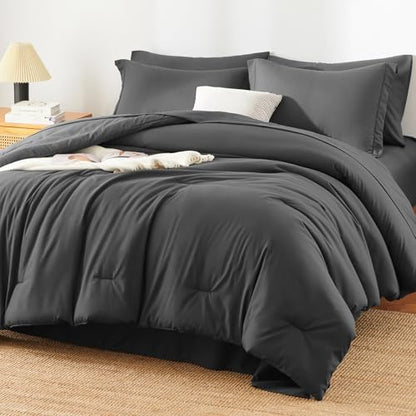 HIMEET Full Comforter Set, 7-Piece Point-Quilted Bed in a Bag, Dark Grey