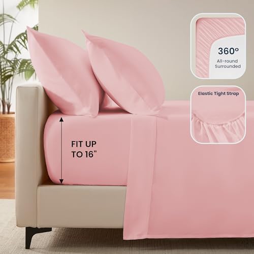 SLEEP ZONE Nanotex Super Soft Cooling Queen Bed Sheets Set 4 Piece - Easy Care Fitted Flat Sheet & Pillowcase Sets - Wrinkle Free, Fade Resistant, Deep Pocket 16" (Ballet Pink, Queen)