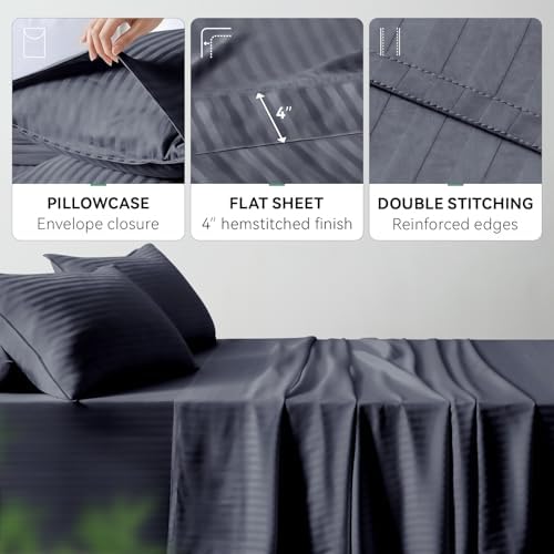 Cooling Sheets Set King Size, Viscose Derived from Bamboo for Hot Sleepers, Double Stitching, Deep Pocket to 16 Inch, Silky Soft and Breathable Bedding, 4PC (King, Jacquard Dark Grey)