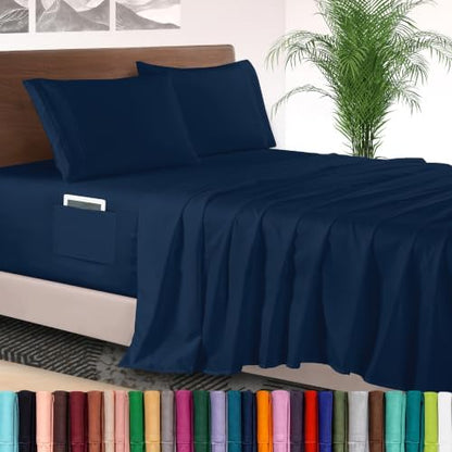 Elegant Comfort 4-Piece Bed Sheet Set - Luxury Bedding 1500 Premium Hotel Quality Microfiber, All Around Elastic 18-24 Inches Deep Fitted Sheet- Extra Deep Pocket Sheets, Full, Navy Blue
