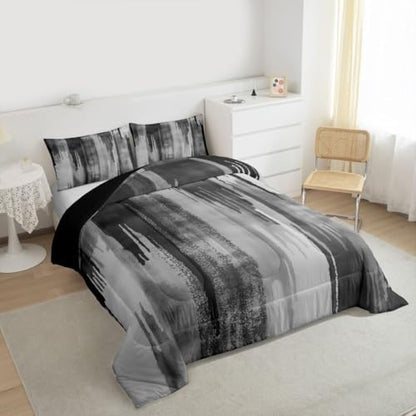jejeloiu Black Gray Abstract Comforter Set All Season Modern Art Bedding Set with 1 Pillow Cases Splash Ink Abstract Microfiber Kids Toddler Bedclothes Luxury Bedroom Decor Duvet Quilt Breathable Soft