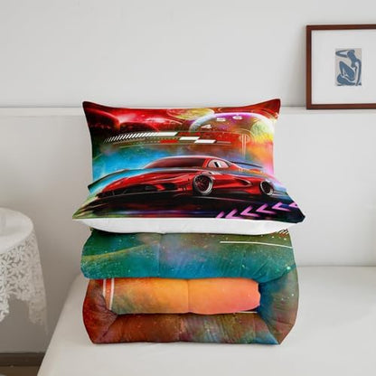 Feelyou Red Race Car Bedding Set - Twin Size Kids Boys Extreme Sports Car Comforter Set Decorations Teens Toddler Galaxy Planet Duvet Set Cool Modern Quilt Set 2Pcs