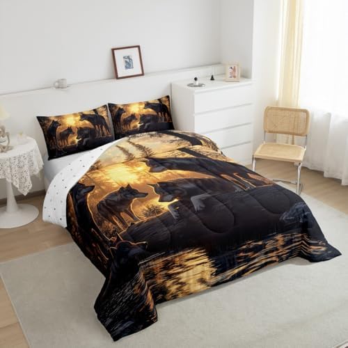 Feelyou Wolf Comforter Sets King Size for Boys Kids Teens,Wild Animal Bedding Sets Hunting Comforter Sets Woodland Moose Wildlife Forest Bed Set, with 1 Comforter 2 Pillowcase