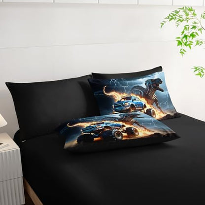 AILONEN Boys Dinosaur Comforter Set Full,7Pcs Cartoon Monster Truck Bed in a Bag for Kids,Soft Breathable,3D Printed Comforter & Fitted Sheet with Flat Sheet & 2 Pillowcases,2 Pillow Shams,Black