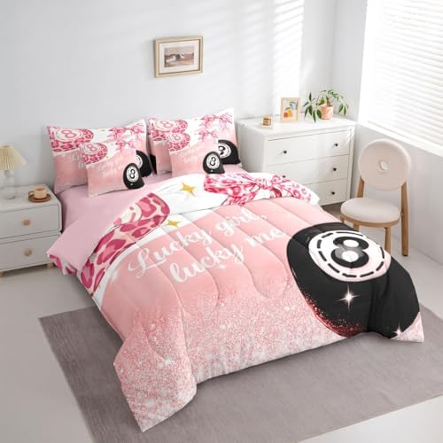 Erosebridal Girls Leopard Bow 7 Piece Bedding Set Full,Pink Fashion Y2K Preppy Comforter Set Cheetah Print Lucky 8 Ball Bed in A Bag with Sheets for Kids Teen Adults,Girly Coquette Bowknot Bed Set