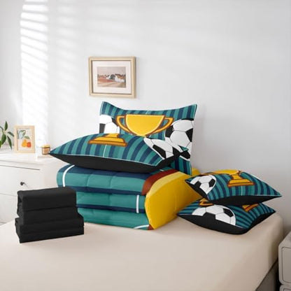 Erosebridal Boys Kids Navy Blue Football Gaming 7 Piece Bedding Set Twin | Playground Soccer Geometric Comforter Set with Sheets Striped Bed in A Bag Ball Games Bed Sets