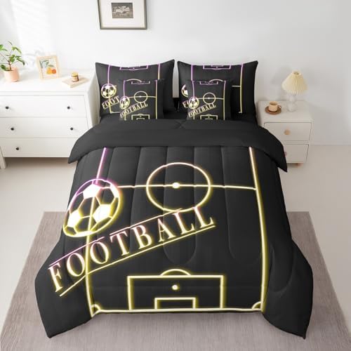 Football Queen Comforter Set 7Pcsfor Boys Sport Bedding Comforter Sets, Rainbow Neon Light Bed in a Bag Gradient Soccer Field Bedding Set, Ball Gaming Bed Sheets Set Yellow Pink (Black Reversible)