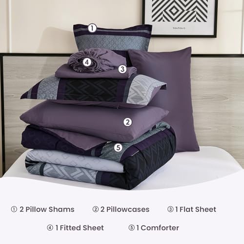 Cottolester Queen Comforter Set,Black Purple Boho Striped Bed in a Bag