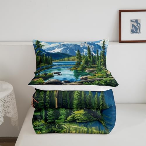 Woodland Comforter Set Full Size,Lake House Rustic Style Duvet Insert for Kids Teens Adults Room Decor,Camping Adventure Retro Bedding Set 3Pcs,Woodland Mountain River Scenery Quilt Set,2 Pillowcases