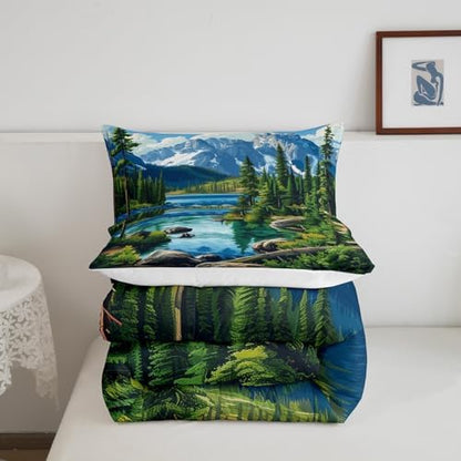 Woodland Comforter Set Full Size,Lake House Rustic Style Duvet Insert for Kids Teens Adults Room Decor,Camping Adventure Retro Bedding Set 3Pcs,Woodland Mountain River Scenery Quilt Set,2 Pillowcases