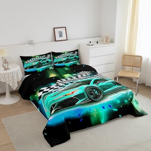Feelyou Teal Race Car Comforter Set Bedding Full Size for Kids Teens