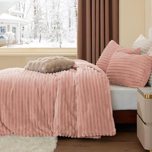 BEDELITE Fleece Oversized Queen Comforter Set, Fluffy Bed Set, Dusty Pink