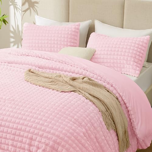 EXQ Home Fluffy Comforter Set Queen Size - Super Soft Faux Fur 3D Grid Jacquard Comforter 3 Pieces, Pink Fleece Bedding Set,Winter Warm Bed Set,1 Comforter with 2 Pillowcases