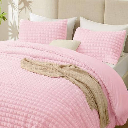 EXQ Home Fluffy Comforter Set Queen Size - Super Soft Faux Fur 3D Grid Jacquard Comforter 3 Pieces, Pink Fleece Bedding Set,Winter Warm Bed Set,1 Comforter with 2 Pillowcases