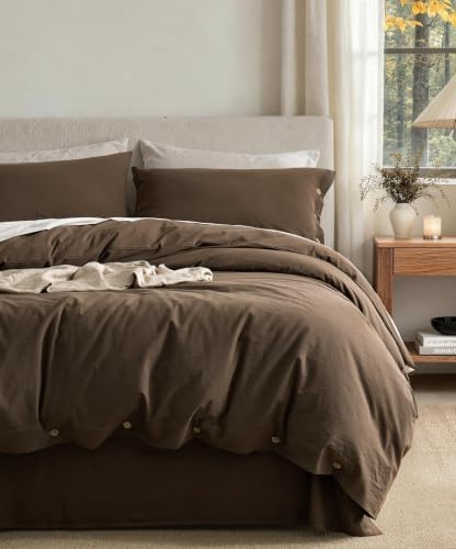 JELLYMONI 100% Washed Cotton Fall Brown Duvet Cover Full, Linen-Like