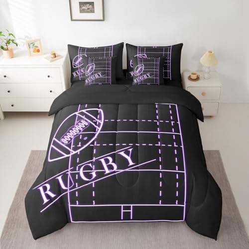 Teens Football Queen Comforter Set 7 Pieces for Boys Sports Bedding Comforter Sets, Black Purple Soccer Field Bed in a Bag Ball Gaming Bedding Set, Sport Gamer Bed Sheets Set (Black Reversible)