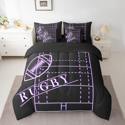 Teens Football Bedding Full Size 7-Piece for Boys Sports Comforter Set, Black Purple Soccer Field Bedding Comforter Sets Ball Gaming Bed in a Bag, Sport Gamer Bedding Accessories (Black Reversible)