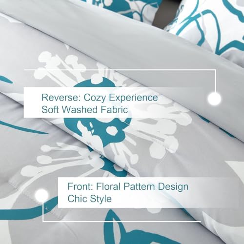 Anibedding Teal Floral Comforter Set King Size 7 Piece, Teal Blue Flower Bed in a Bag, Elegant Botanical Floral Comforter Soft Microfiber Complete Bedding Set for All Season, (Teal, 104"x90")