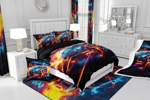Erosebridal Blue Red Racing Car 3 Piece Bedding Set King Size Extreme Sport Comforter Set with 2 Pillowcases for Kids Boys Girls Teens Fast Extreme Sport Games Bed Set Soft for All Season