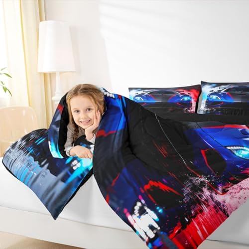 Feelyou Boys Sports Car Bedding Set Soft for Boys Girls, Racing Car Comforter Set Queen Size Extreme Sports Duvet Quilt Microfiber Automobile Bedroom Decor 3 Pcs with 2 Pillow Cases