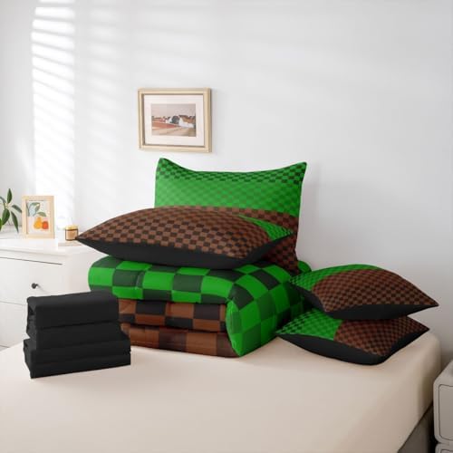 jejeloiu Green Brown Plaid King Comforter Set with Sheets for Kids Boys Girls Checkered Classic 7 Pieces Bedding Set Grid Geometric Bed in a Bag Room Decor Soft Lightweight Microfiber