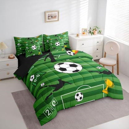 Erosebridal Green Playground Soccer Boys Kids King 7-Piece Comforter Set | Ball Games Sheets and Pillowcases Geometric Striped Bed in A Bag Football Court Gaming Bed Sets