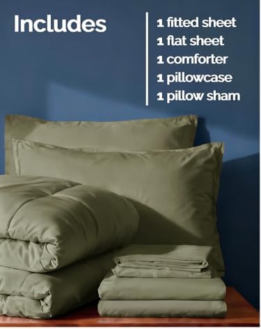 Twin Comforter Set - 5 Piece Bed in a Bag Twin Size Bed Set - Sage Green