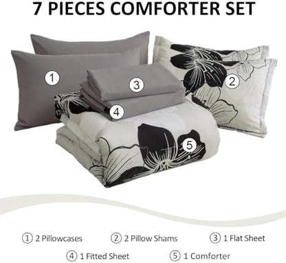 Black White King Size Comforter Set, 7 Pieces Light Grey Floral Bedding Set